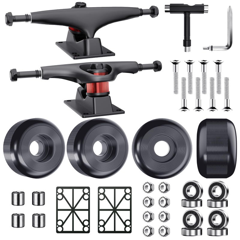 Jizmo Skateboard Trucks, Fits 7.75-8" Deck, Wheels 52mm, Bearings ABEC-9, Skateboard Pads, Hardware Tool Combo Starter Set - Black - Image 1